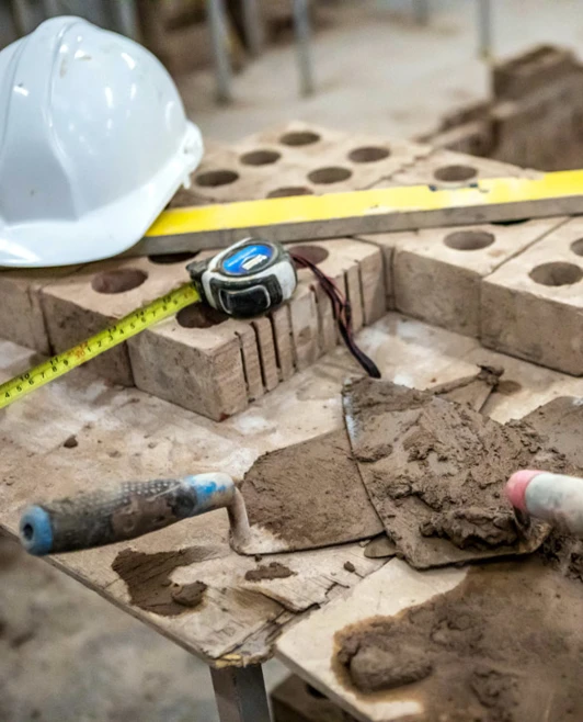 Close-up of bricklaying tools, including trowels, measuring tape, spirit level, safety helmet, and bricks, placed on a workbench during a brickwork training session. Close-up of bricklaying tools, including trowels, measuring tape, spirit level, safety helmet, and bricks, placed on a workbench during a brickwork training session.